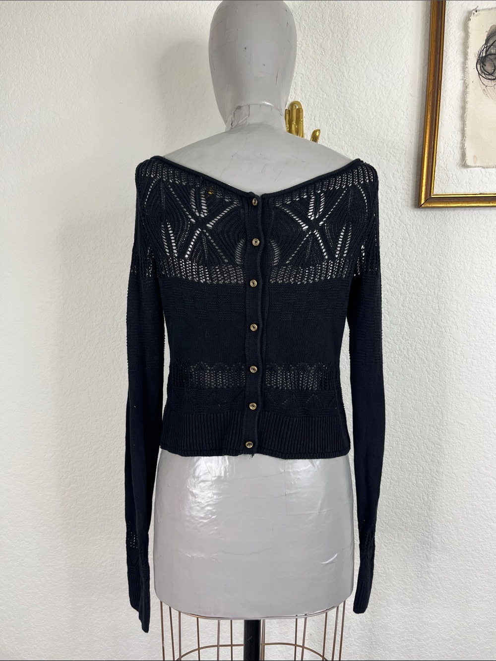 Anthropologie Leifsdottir Knit Crochet Boatneck V Back Button Back Black Sweater